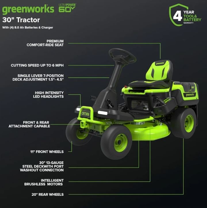 Greenworks 60V 30” CrossoverT Riding Lawn Tractor with 8.0 Ah