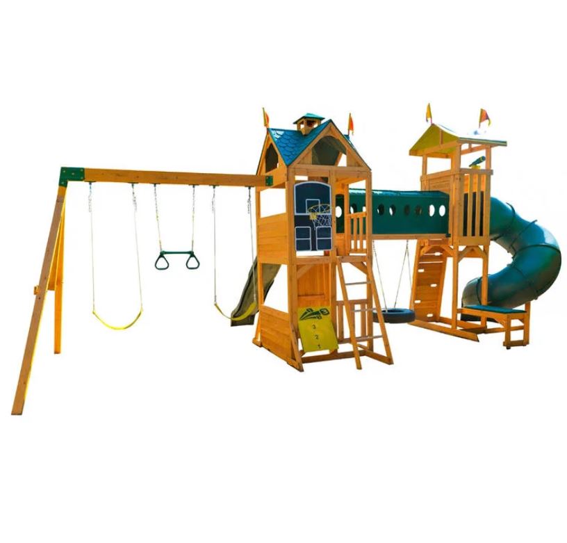 KidKraft Mockingbird View Wooden Swing Set / Playset with Tower, Hoop, Tunnel, and Tire Swing