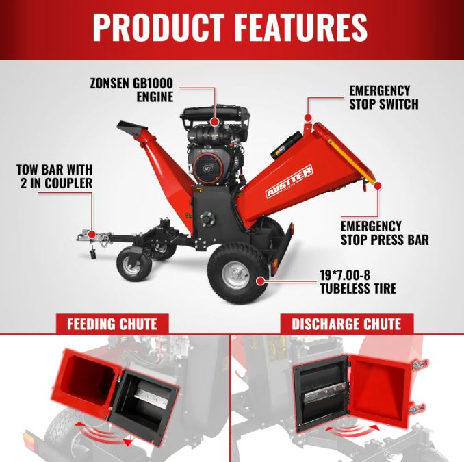 8 inch ZONSEN E-Start 1000cc 35hp Gas Powered 4 - Wheel Drum Wood Chipper with Taillight , B200