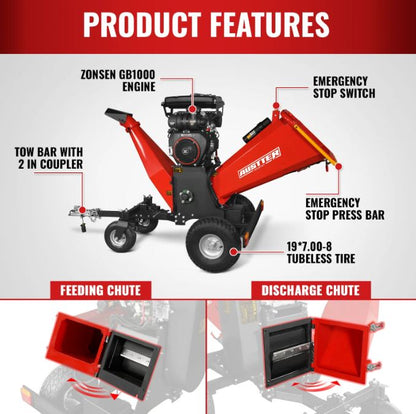 8 inch ZONSEN E-Start 1000cc 35hp Gas Powered 4 - Wheel Drum Wood Chipper with Taillight , B200