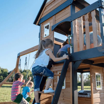 Canyon Creek All Cedar Swing Set Playset w/ Rockwall Upper Fort Belt Swings Web Swing Gray Wave Slide, and Play Kitchen