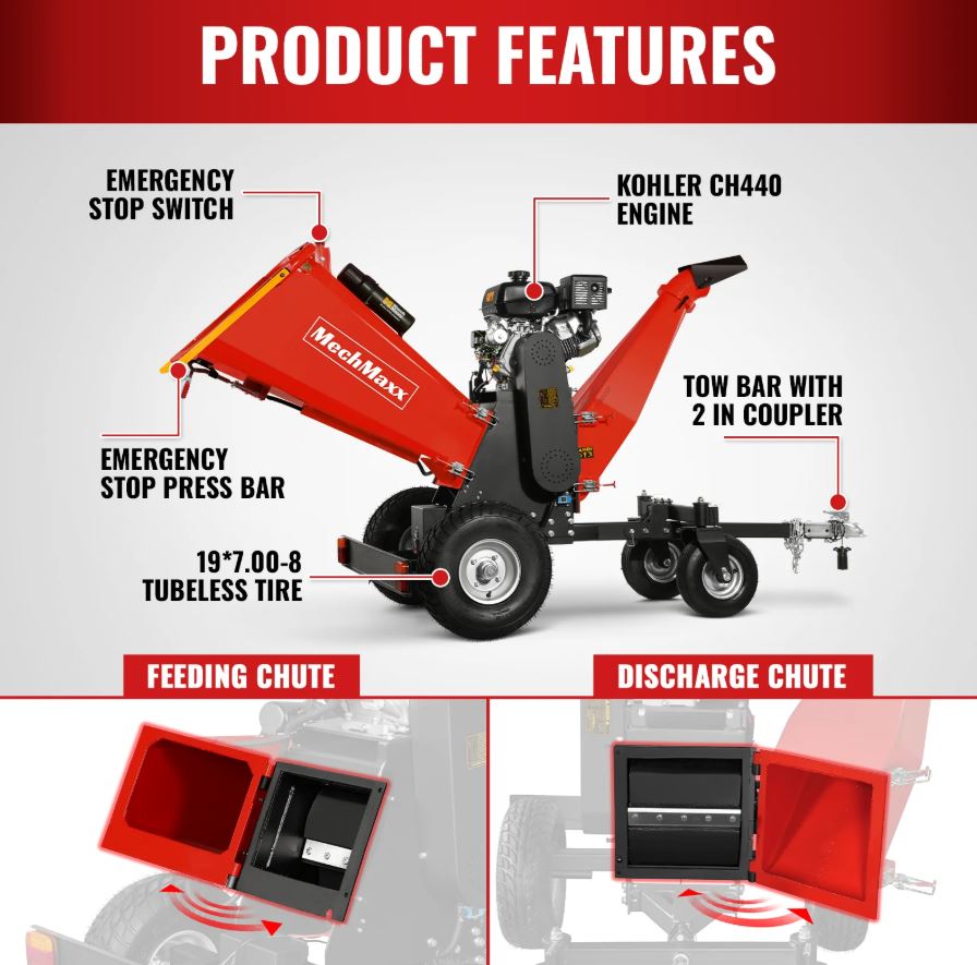6 inch KOHLER E-Start 429cc 14HP Gas Powered 4 - Wheel Drum Wood Chipper with Taillight , B150