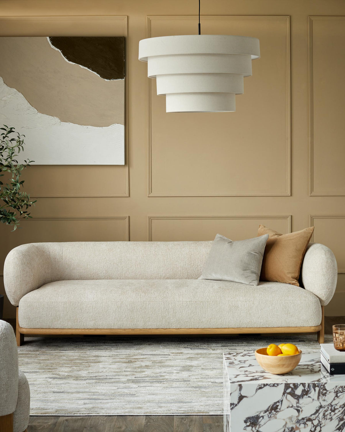 Florence natural fabric with light wood 3 seater sofa
