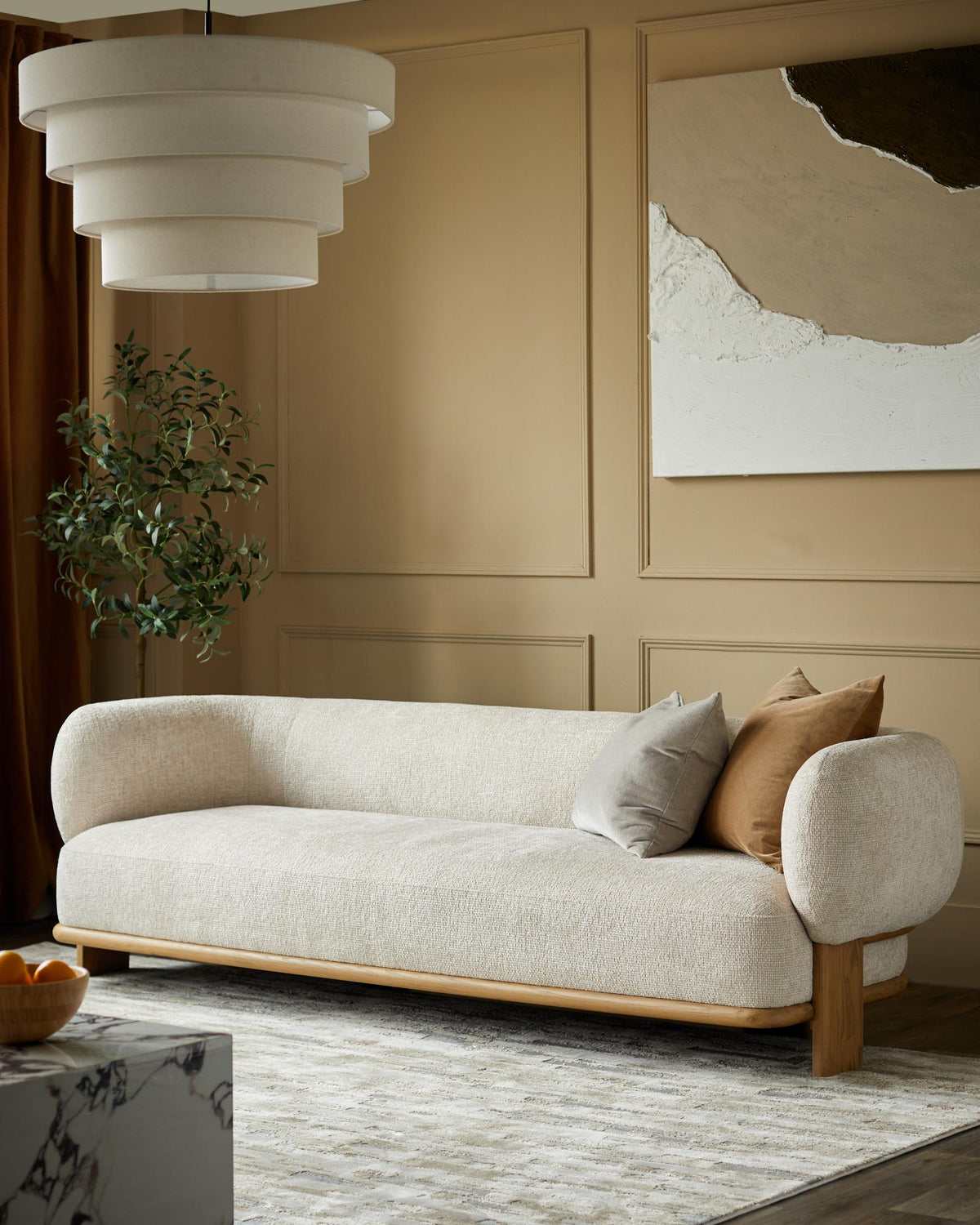 Florence natural fabric with light wood 3 seater sofa