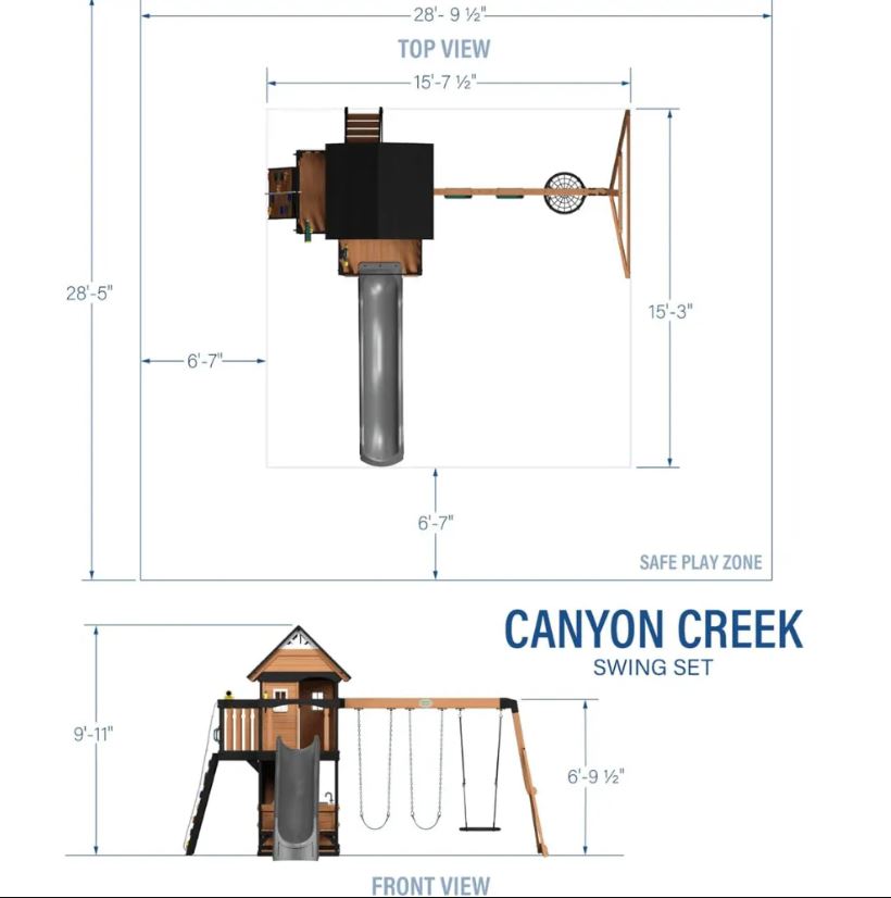 Canyon Creek All Cedar Swing Set Playset w/ Rockwall Upper Fort Belt Swings Web Swing Gray Wave Slide, and Play Kitchen