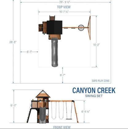 Canyon Creek All Cedar Swing Set Playset w/ Rockwall Upper Fort Belt Swings Web Swing Gray Wave Slide, and Play Kitchen