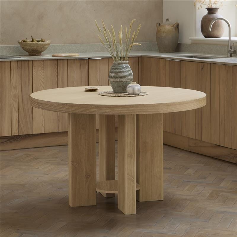 Marlon Whitewash Oak Round Dining Table Set - 4 Seater - Freya Sand Dining Chairs - Whitewash Oak Legs