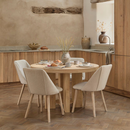 Marlon Whitewash Oak Round Dining Table Set - 4 Seater - Freya Sand Dining Chairs - Whitewash Oak Legs