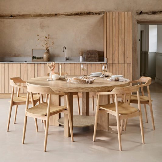 Marlon Whitewash Oak Round Dining Table Set - 6 Seater - Carter Whitewash Oak Dining Armchairs