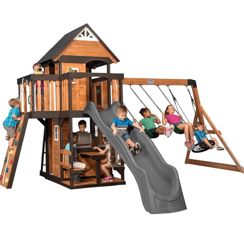Canyon Creek All Cedar Swing Set Playset w/ Rockwall Upper Fort Belt Swings Web Swing Gray Wave Slide, and Play Kitchen