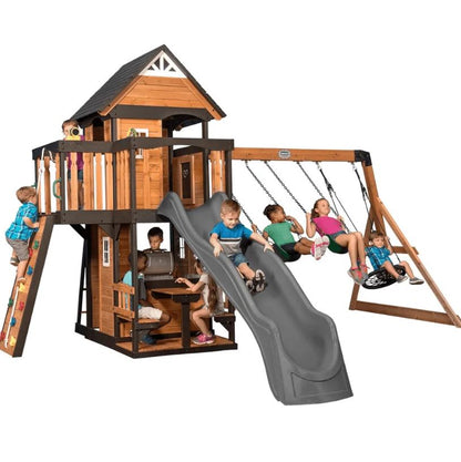Canyon Creek All Cedar Swing Set Playset w/ Rockwall Upper Fort Belt Swings Web Swing Gray Wave Slide, and Play Kitchen