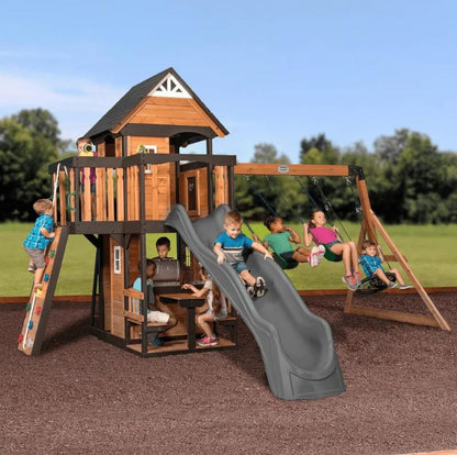 Canyon Creek All Cedar Swing Set Playset w/ Rockwall Upper Fort Belt Swings Web Swing Gray Wave Slide, and Play Kitchen