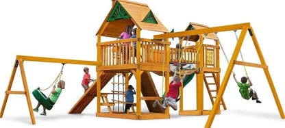 Gorilla Playsets Pioneer Peak Treehouse Wooden Swing Set with Tire Swing, and Clatter Bridge and Tower