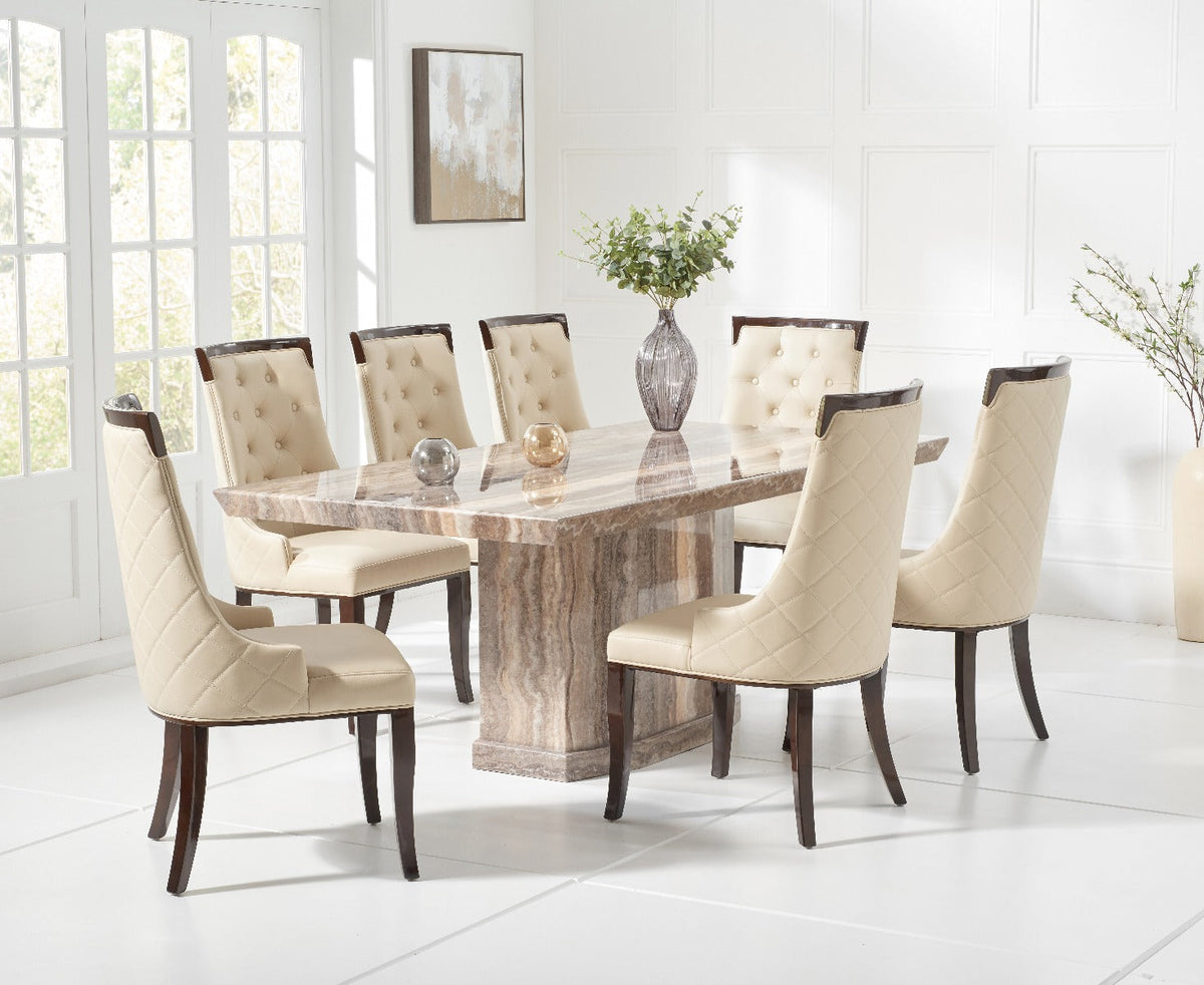 Carvelle 160cm Brown Pedestal Marble Dining Table with Francesca Chairs