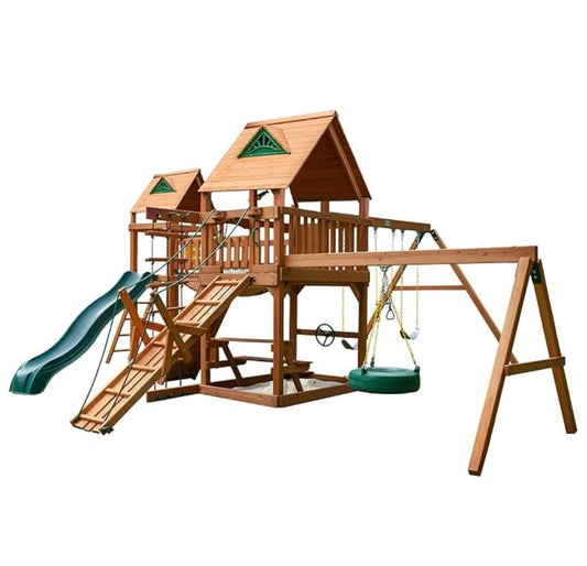 Gorilla Playsets Pioneer Peak Treehouse Wooden Swing Set with Tire Swing, and Clatter Bridge and Tower