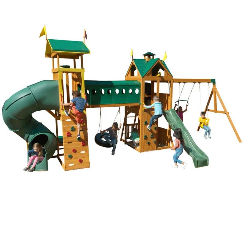 KidKraft Mockingbird View Wooden Swing Set / Playset with Tower, Hoop, Tunnel, and Tire Swing