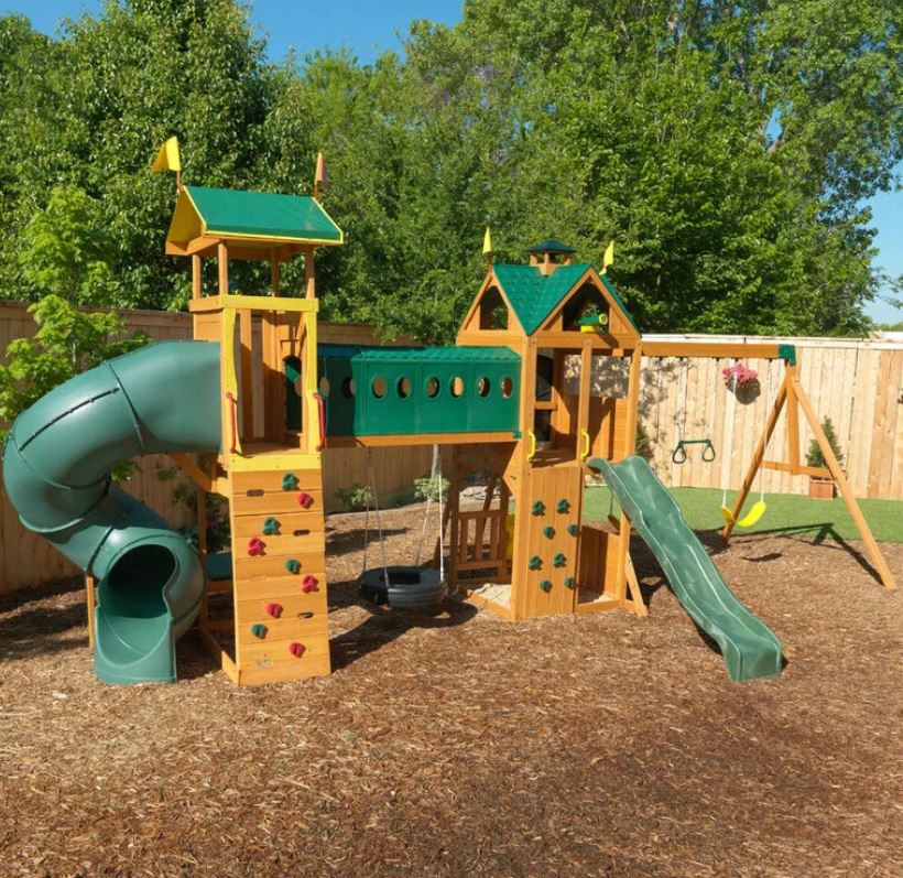 KidKraft Mockingbird View Wooden Swing Set / Playset with Tower, Hoop, Tunnel, and Tire Swing