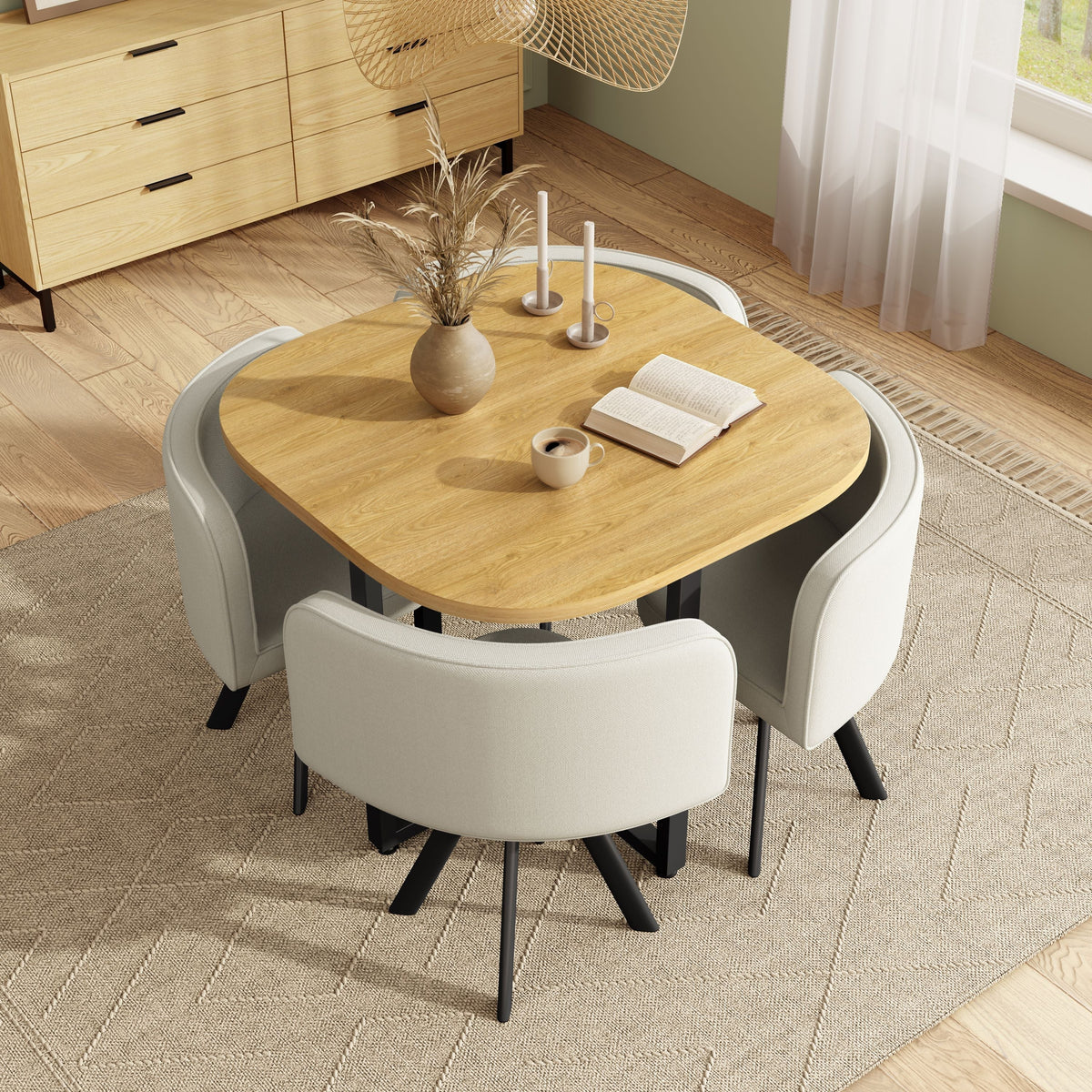 Dining Table Set 4 Chairs Square 85x85 Oak Table Beige Chairs
