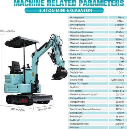 3100lb Mini Excavator with Kubota—Diesel Engine | Compact Excavator for Digging, Trenching, Farm & Landscaping | EPA Certified Shipping & Unloading Included (90% Assembled+5)