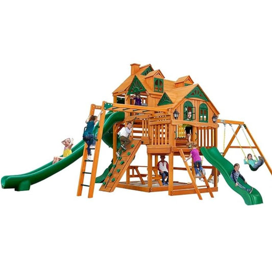 Gorilla Playsets Empire Extreme Wooden Swing Set with Monkey Bars, Clatter Bridge, Tower, and 3 Slides