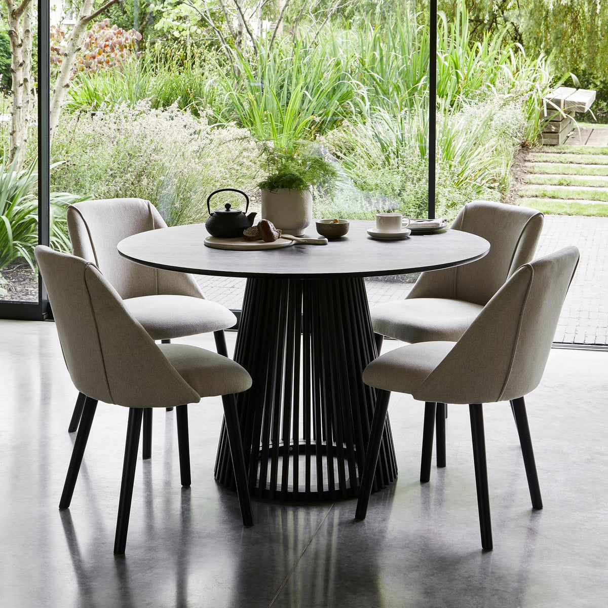 Willow Black Dining Table Set - 4 Seater - Freya Sand Dining Chairs - Black Oak Legs