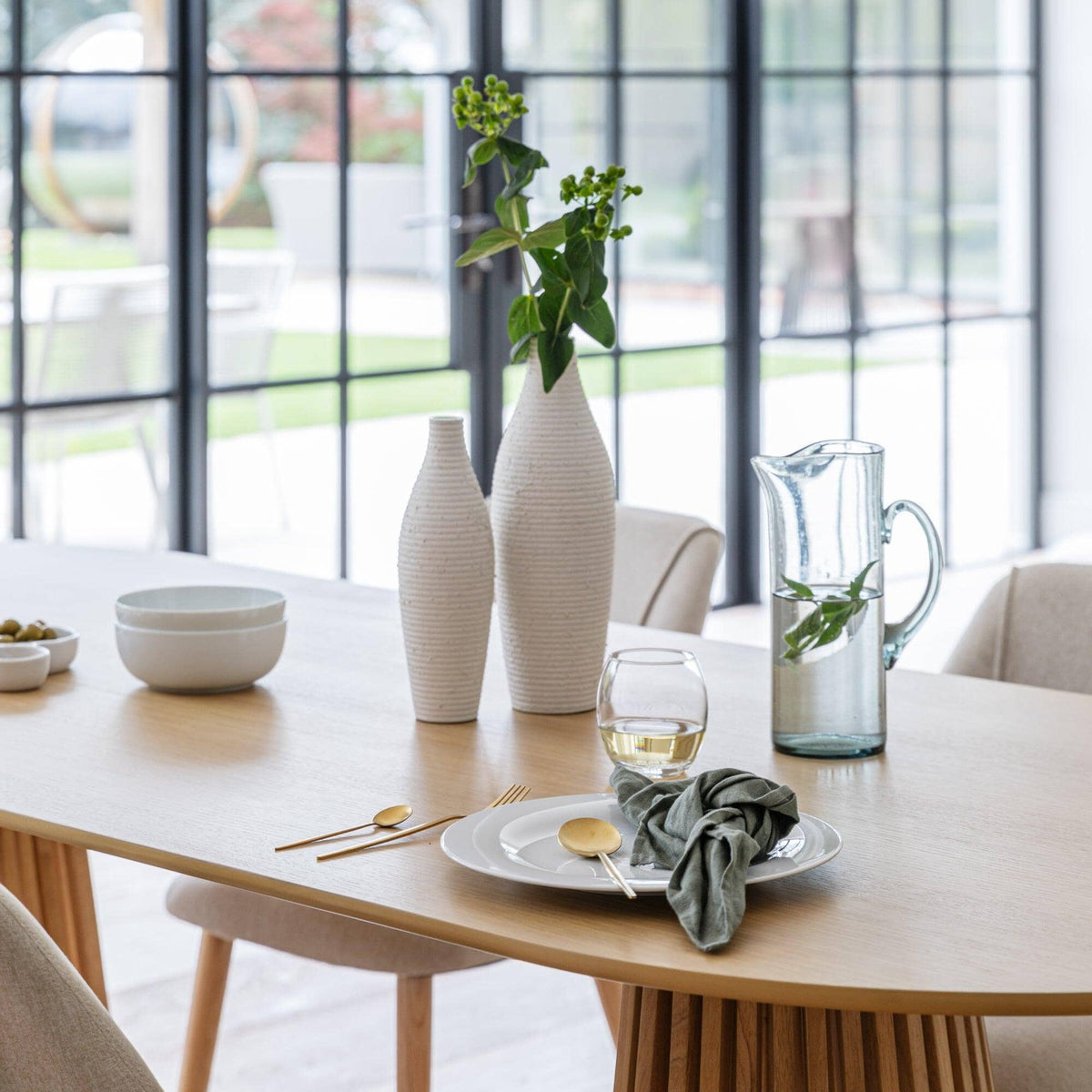 Willow Pale Oak Dining Table Set - 6 Seater - Freya Sand Dining Chairs - Whitewash Legs